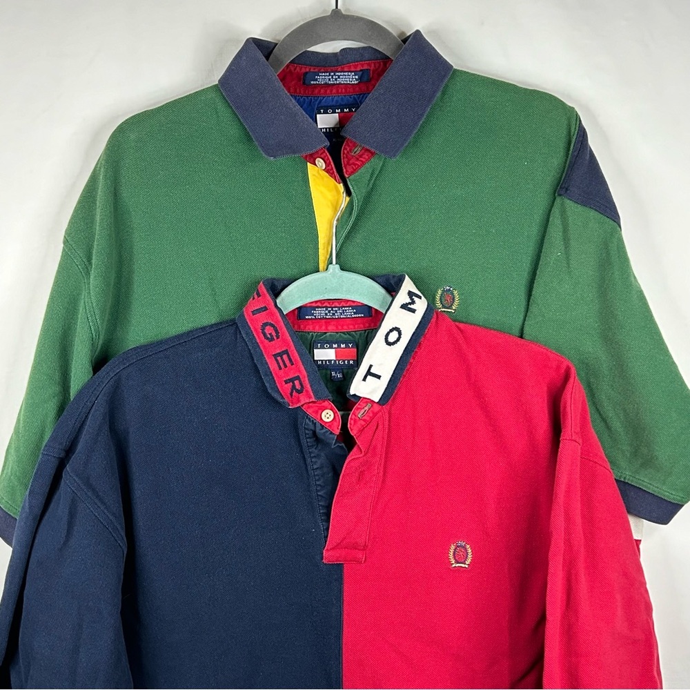Lot of 2 Tommy Hilfiger Striped Color Block Polo Shirts Size XL Crest Rugby 90s